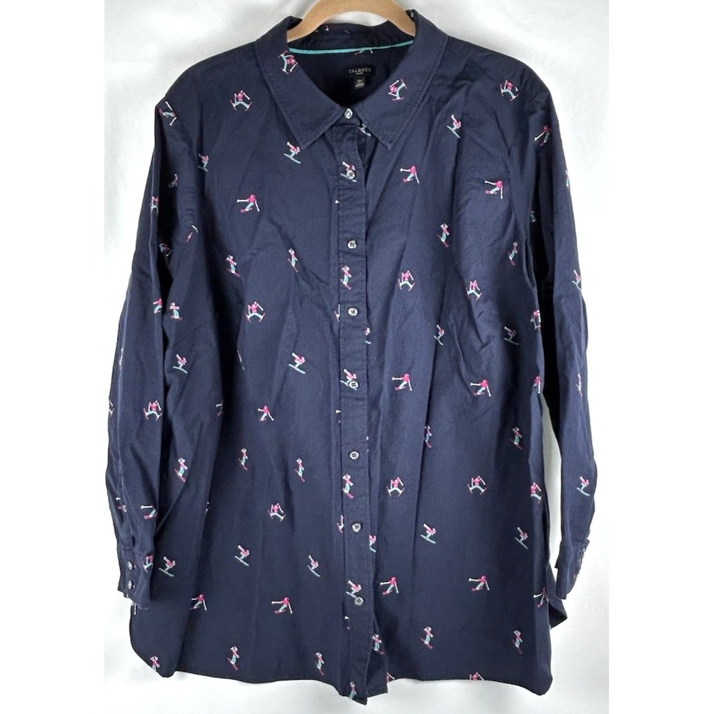 Talbot Blue Embroidered Skier Button Up Shirt Top Womens Plus 3X Winter Skiing